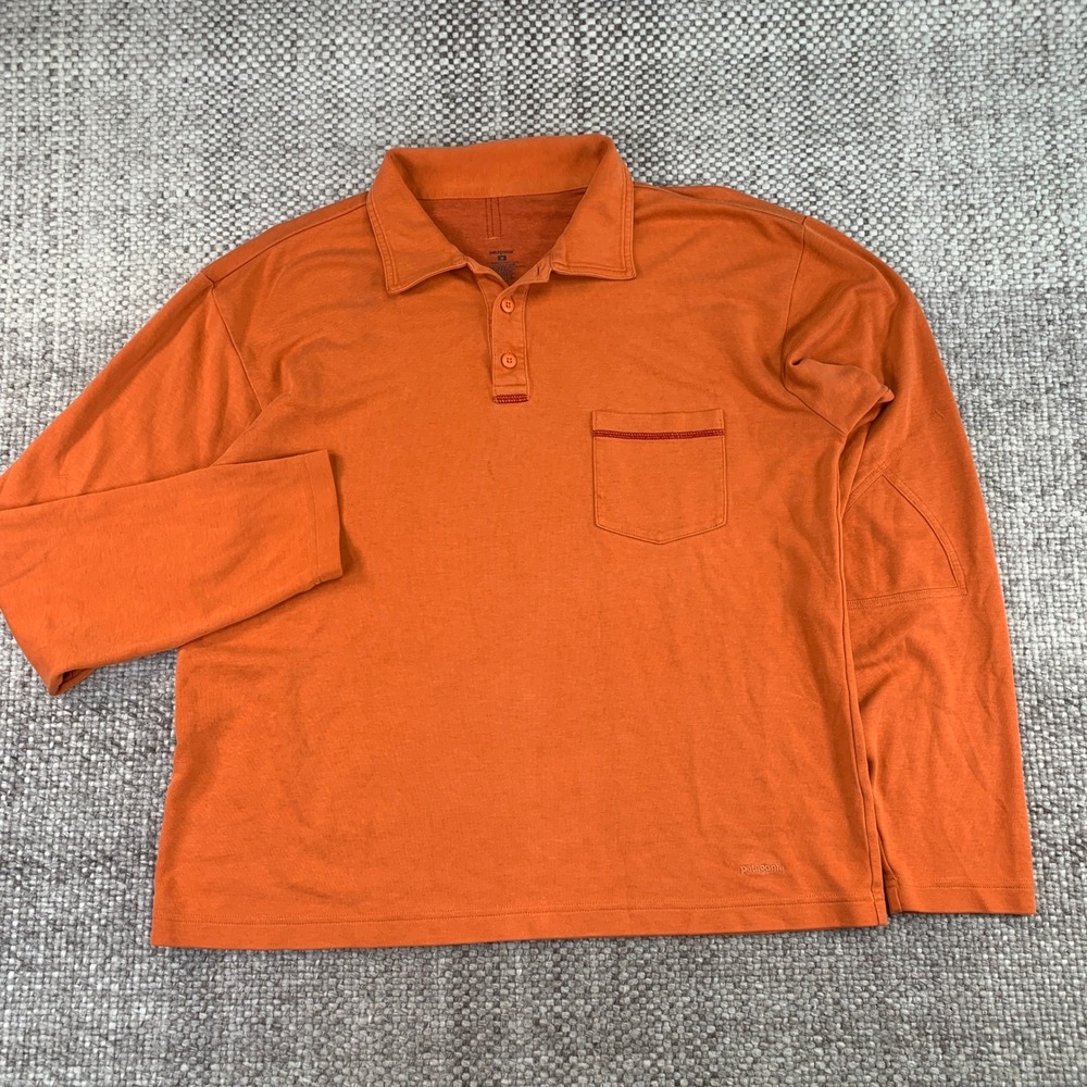 Patagonia Long Sleeve Polo Mens Medium Orange Organic Cotton Tencel Pocket Shirt